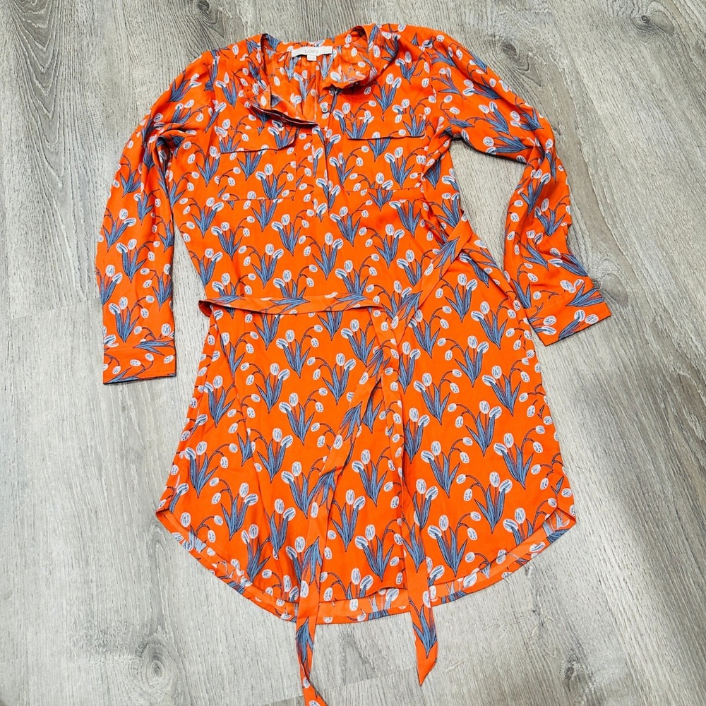 Loft Dress Petites XS Orange Floral Tulip Shirt Dress Long Sleeve Tie Waist XSP - Picture 1 of 16